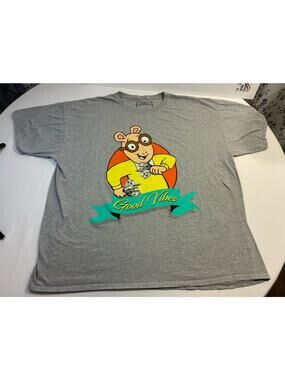 Arthur Good Vibes Tee 3XL Gray Retro Cartoon Graphic Shirt USA Y2K Streetwear
